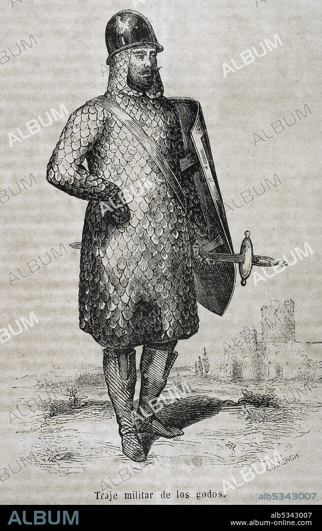 CODERCH. SPANISH ARTIST,19TH CENTURY. Hispania visigoda. Traje militar de los godos. Grabado por Coderch. Historia General de España por el padre Mariana, 1852.