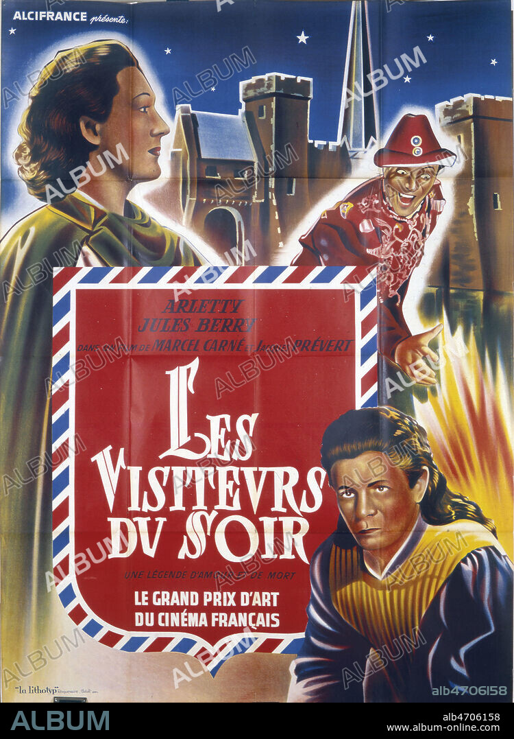 Affiche du film fantastique 'Les visiteurs du soir' de Marcel CARNE (1909-1996) et Jacques PREVERT (1900-1977) de 1942 avec ARLETTY (1898-1992) a gauche, Jules BERRY (1883-1951) en haut a droite, Alain CUNY (1908-1994) en bas a droite. Illustration anonyme . Credit: Collection KHARBINE-TAPABOR.
