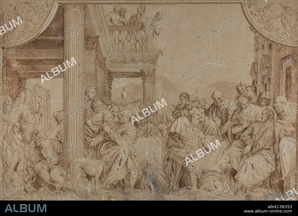 VERONESE (PAOLO CALIARI). Christ in the House of Simon. After Paolo Caliari, called Paolo Veronese; Italian, 1528-1588. Date: 1680-1720. Dimensions: 344 x 519 mm. Pen and brown ink with brush and brown wash, heightened with lead white (partly oxidized), over black chalk, on blue-gray laid paper, laid down on ivory laid paper. Origin: Italy.