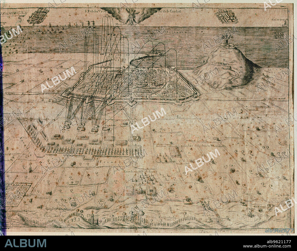 Reapers War (1640 - 1652), Catalan secessionist uprising, siege of the city of Barcelona by the troops of Philip IV, detail of an engraving of the time.