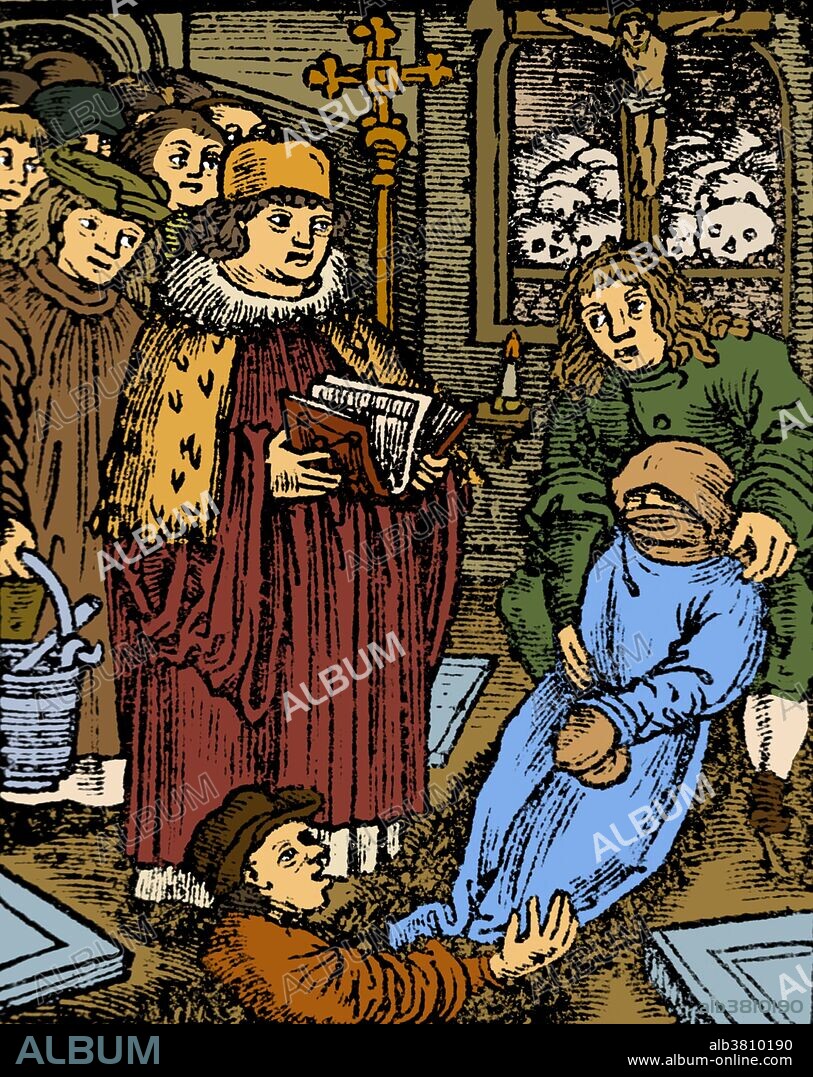 Woodcut showing a religious figure is reading from a text as the body of a plague victim is lowered into a grave by two men. The Black Death (1340-1400) was one of the most devastating pandemics in human history, resulting in the deaths of an estimated 75 to 200 million people and peaking in Europe in the years 1348-50. The next few centuries were marked by several local outbreaks of lesser severity. The Great Plague of Seville (1647), the Great Plague of London (1665-1666), the Great Plague of Vienna (1679), Great Plague of Riga (1710) and the Great Plague of Marseille (1720), were the last major outbreaks of the bubonic plague in Europe.