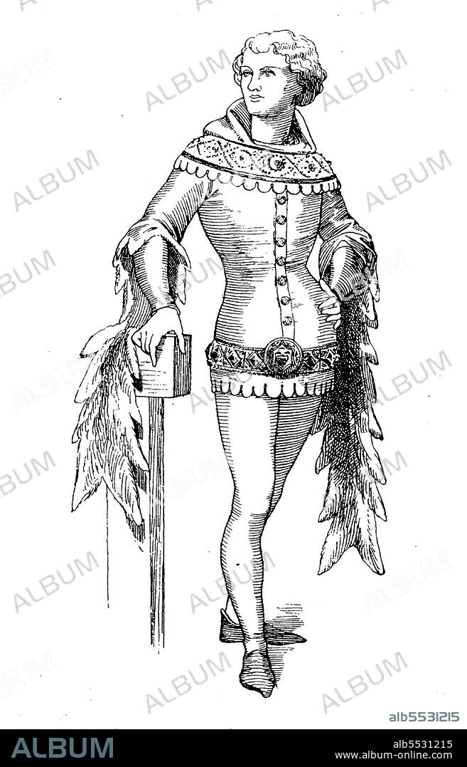 Gugeltracht, A gugel was a type of hood with a trailing point, popularly worn in medieval Germany, oder Zatteltracht, 14. century, Paris, History of fashion, costume story .