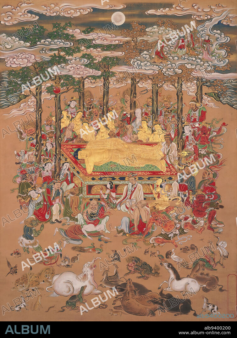 Parinirvana of Sakyamuni, the Historical Buddha, late 17th century, Hanabusa Itch, Japanese, 1652 - 1724, 24 1/2 × 18 1/8 in. (62.23 × 46.04 cm) (image)61 1/8 × 24 1/16 in. (155.26 × 61.12 cm) (without rollers), Ink, color, and gold on paper, Japan, 17th century, This painting depicts the death of Sakyamuni, the historical Buddha, in 438 B.C. The Indian prince turned sage is shown lying on his side, having delivered his final teachings. At the moment of his death, the Buddha was said to enter nirvana. Around him are his disciples in monks robes, a group of five bodhisattvas with golden-yellow skin, guardian deities, monks, laymen, and animal beings. All are shown expressing profound grief. The square 'Kunju' relief seal dates this painting to a time before Itch was exiled to a small island in Izu province in 1699.