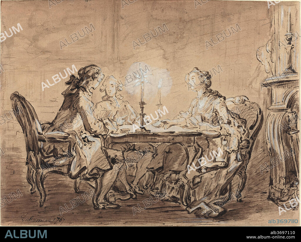 LOUIS DURAMEAU. A Game of Cards. Dated: 1767. Dimensions: overall: 17.6 x 23.3 cm (6 15/16 x 9 3/16 in.). Medium: pen and brown ink with brown wash and white heightening over graphite on laid paper.