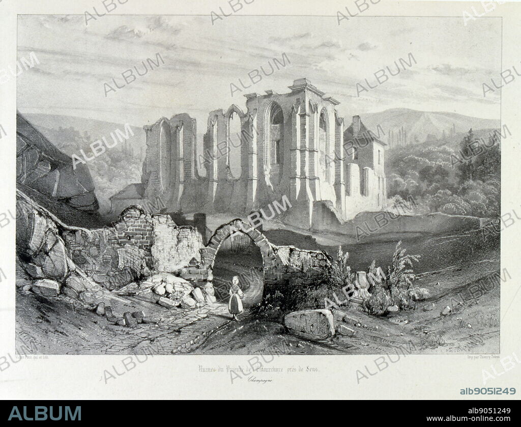 Drawing of the Prieure de l'Enfourchure a Dixmont dans l'Yonne, France, 1857. Founded in 1209 on the edge of Foret d'Othe, the priory was donated by Count Guillaume de Joigny to the Order of Grandmont. It was an austere religious community that had an important spiritual influence in the region. From this priory, ruined by the Hundred Years War, rebuilt in the sixteenth century. and destroyed in the French Revolution.
