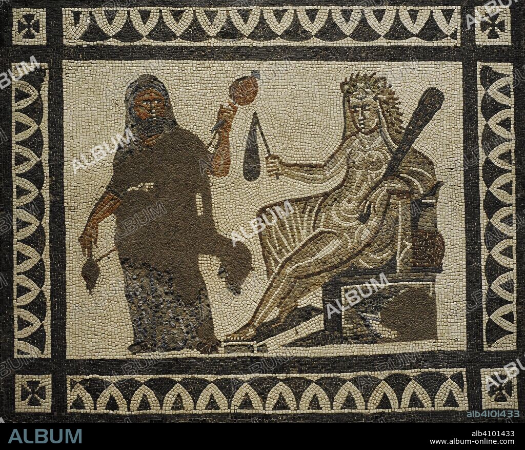 Mosaico romano de los Trabajos de Hércules. Detalle de la parte central con la representación de Hércules y Ónfale. Siglo III. Procedente de Liria (provincia de Valencia). Museo Arqueológico Nacional. Madrid. España.