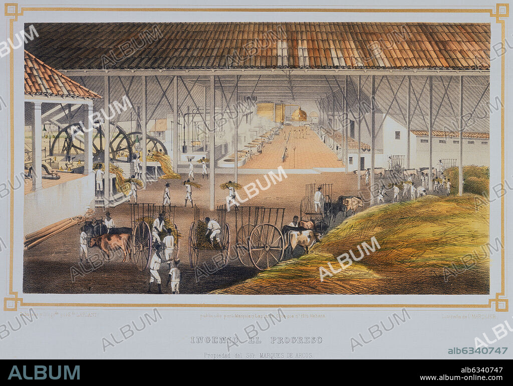 EDUARDO LAPLANTE. INGENIO EL PROGRESO - INTERIOR DE UNA FABRICA DE AZUCAR EN LA HABANA (CUBA) - GRABADO SIGLO XIX.