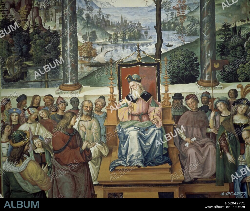 PINTURICCHIO. Eneas Silvio Piccolomini 1406-1464 más tarde el Papa Pío II en la corte del rey Jacobo I de Escocia, fresco.