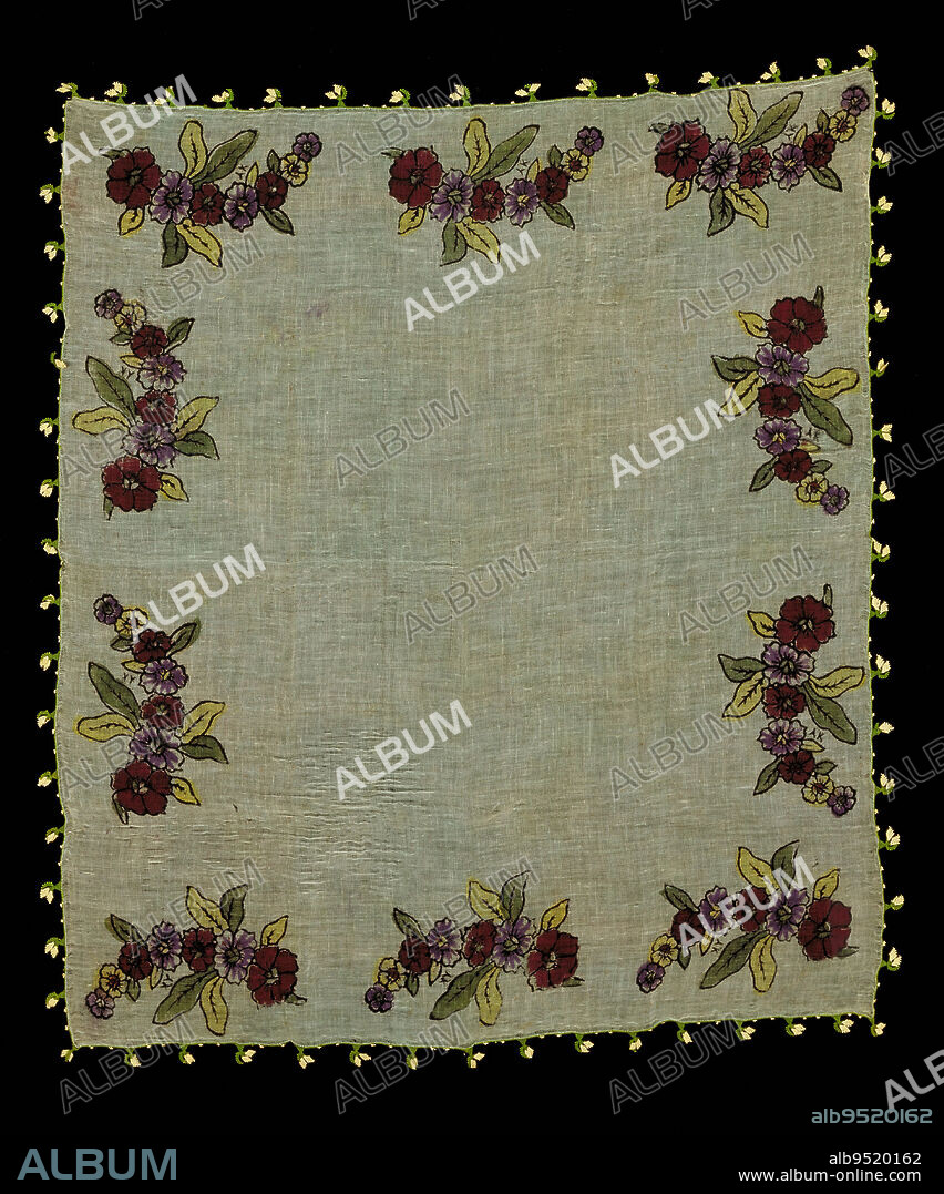 Head scarf with Oya, 1940-1950, 24 1/4 x 27 1/4 in. (61.6 x 69.22 cm) (without trim), Silk; blockprint; dyed, Turkey, 20th century.