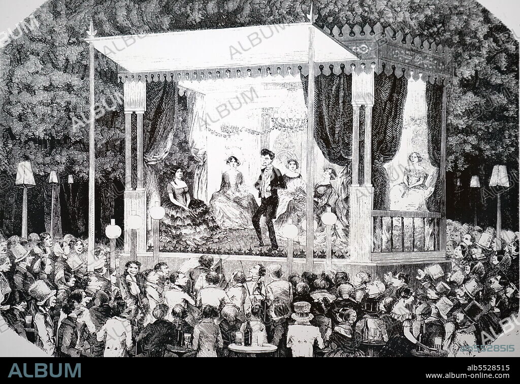 The Diorama, invented by Daguerre. One picture was painted on the front of cloth and illuminated by window M, reflected from mirror E; shutter A could be moved silently across to cut out light. Second picture was painted on the back of cloth and when shutters N, N were opened the second picture was illuminated. From A Ganot Natural Philosophy, London, 1887.