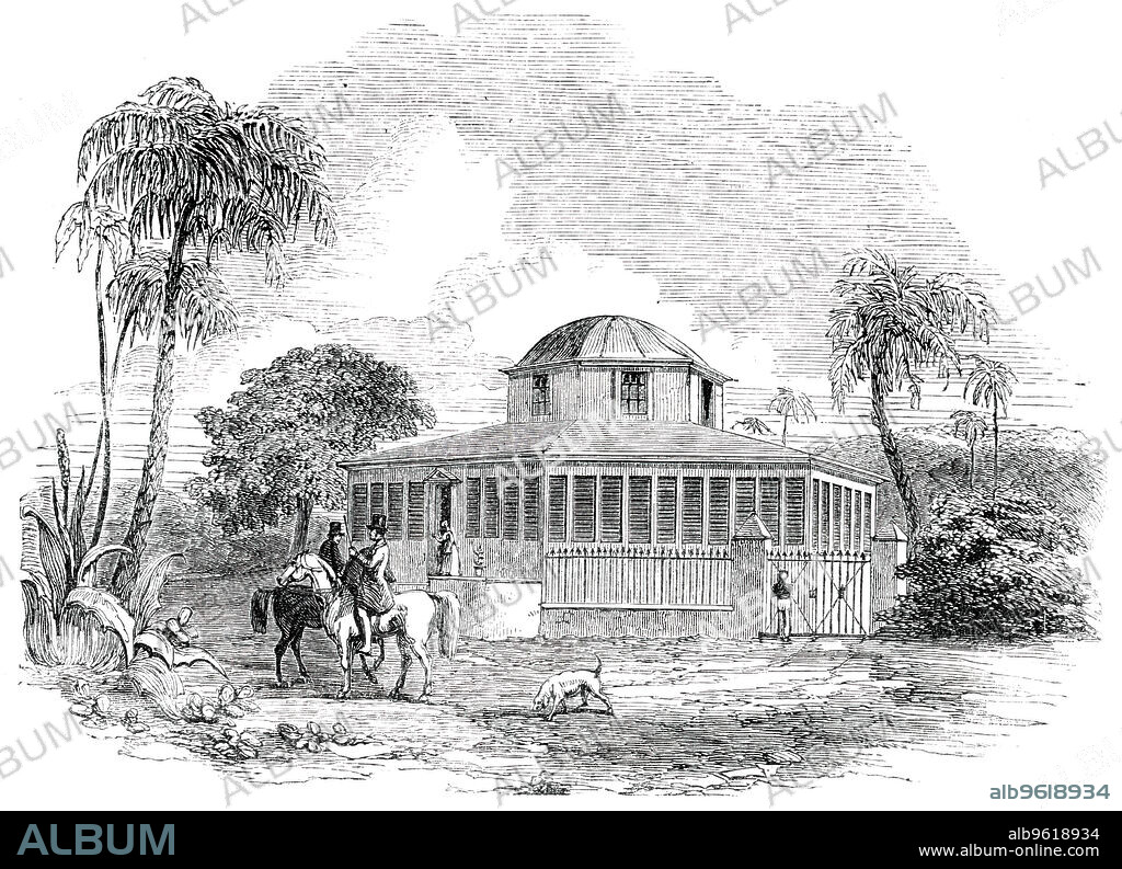 Octagon Villa, Antigua, 1850. 'This neat specimen of house-building in Antigua is the property and country residence of Andrew Coltart, Esq. It is situated one mile from St. John's, on Gray's Hill, at an elevation of about 300 feet above the level of the sea, and commands a beautiful view of the city and harbour. It has eight sides, as its name implies; and, being nearly surrounded with jalousie windows, it admits the refreshing sea breeze. The dome at the top is roofed with galvanised corrugated iron, and gives a pleasing effect to the structure'. From "Illustrated London News", 1850.