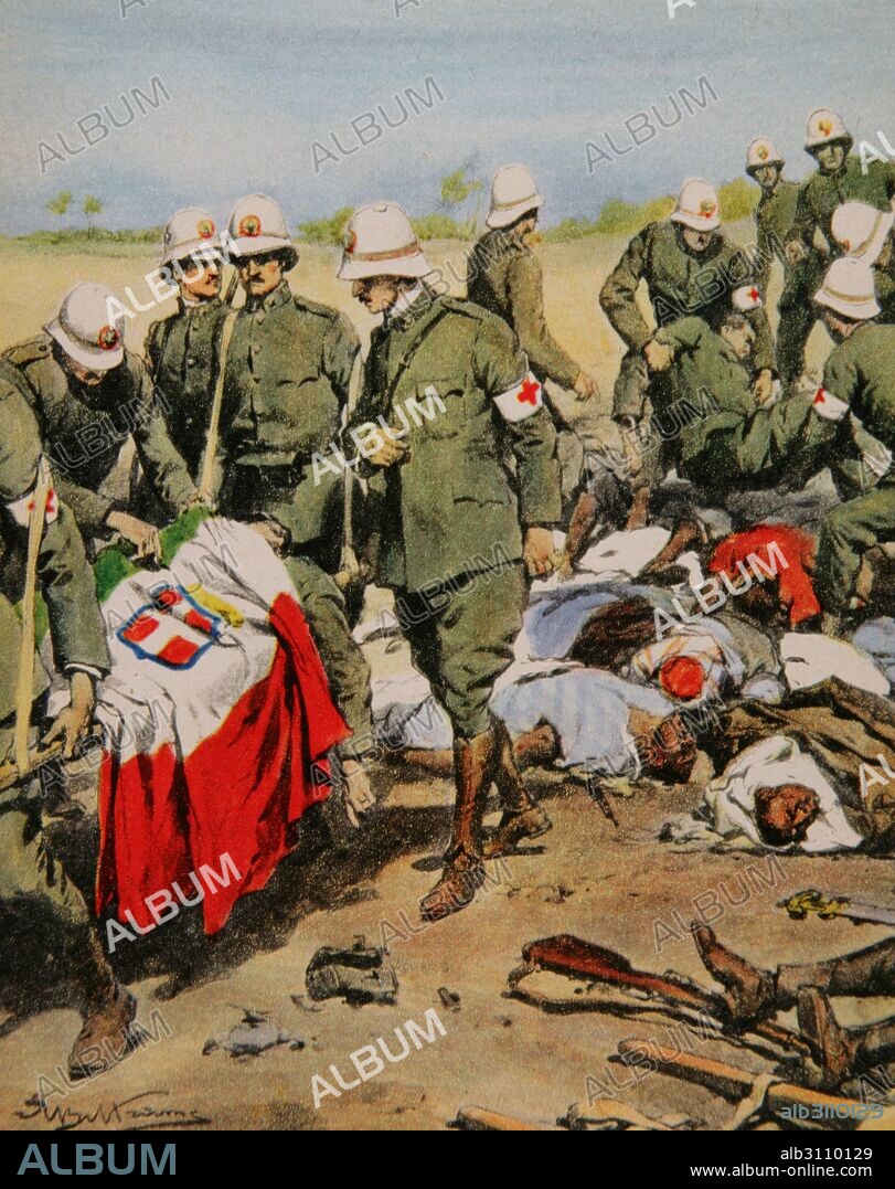 Guerra turco-italiana o Guerra de Libia. Conflicto armado entre el Imperio otomano y el Reino de Italia. 1911-1912. "Los cuerpos de los tenientes Solaroli y Granafei, que cayeron el 26 de octubre en Gemal Bey". Grabado de La Domenica del Corriere, Italia. Color.
