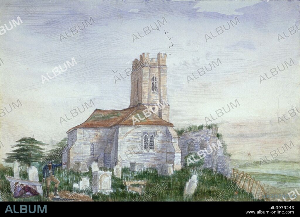 Church of St Nicholas, Plumstead, Kent, c1800(?). View of the church with figures by a graveside.