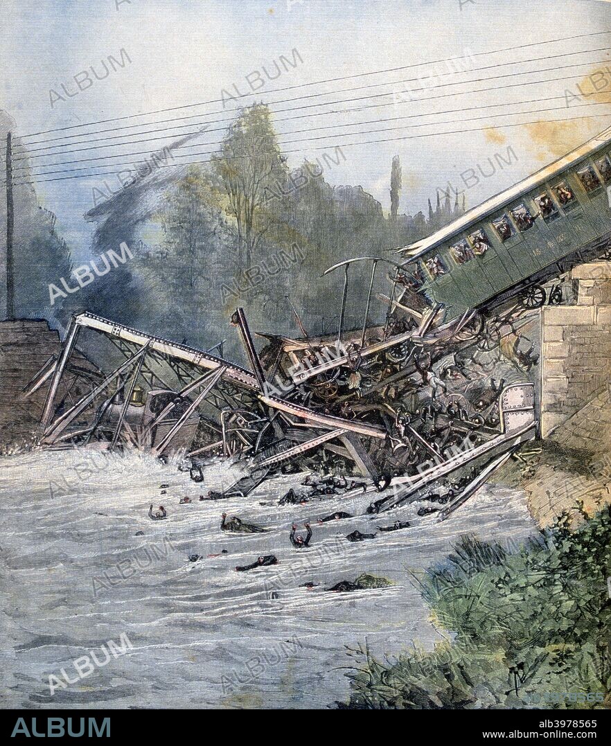 Railway accident, Munchenstein, Switzerland, 14th July 1891. An iron girder bridge collapses as a crowded passenger train passes over it, 71 dead, 171 injured. Switzerland's worst ever railway accident. A print from the Le Petit Journal, 27th July 1891.