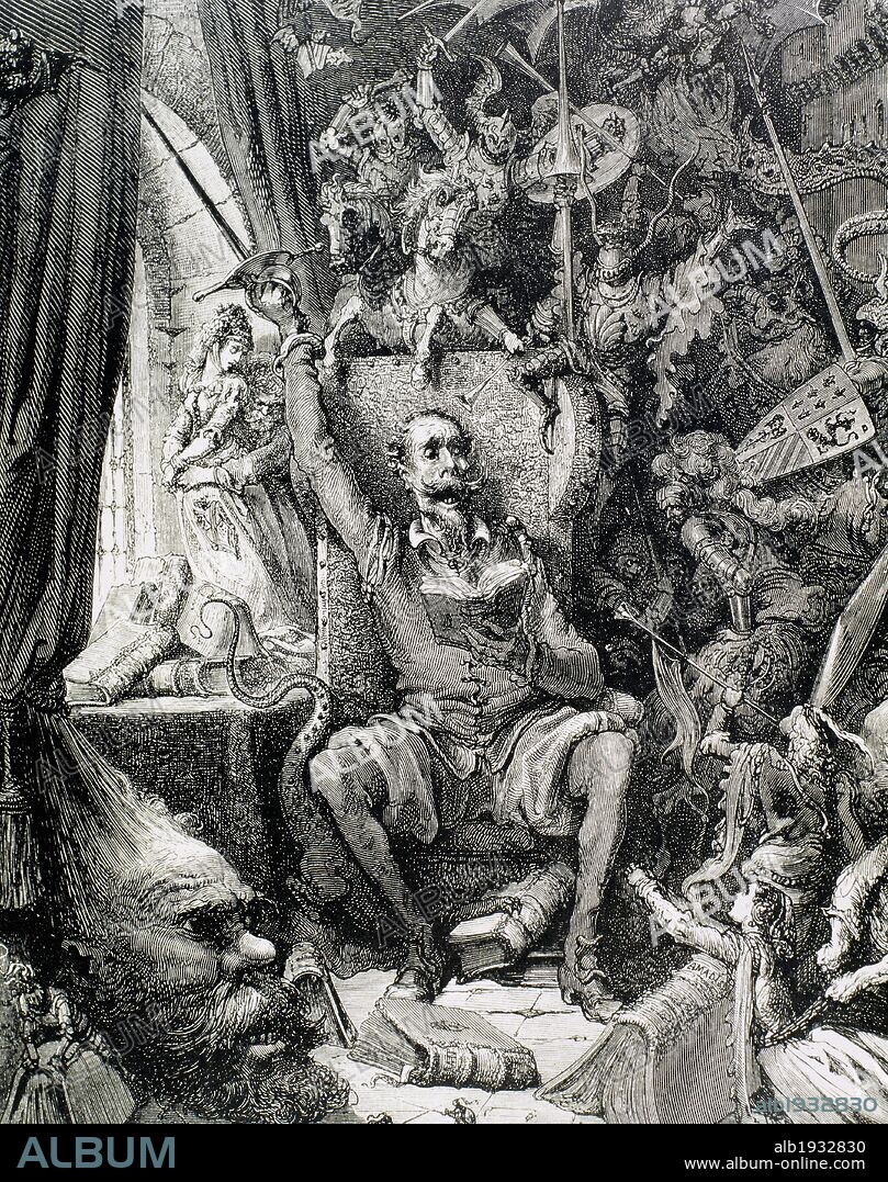 PAUL GUSTAVE DORÉ (après). LITERATURA CASTELLANA. "EL INGENIOSO HIDALGO DON QUIJOTE DE LA MANCHA". Obra escrita por Miguel de CERVANTES SAAVEDRA (1547-1616). "LA IMAGINACION DE DON QUIJOTE ESTA INFLADA POR LOS ROMANCES DE CABALLERIA". Grabado de Gustave DORE.