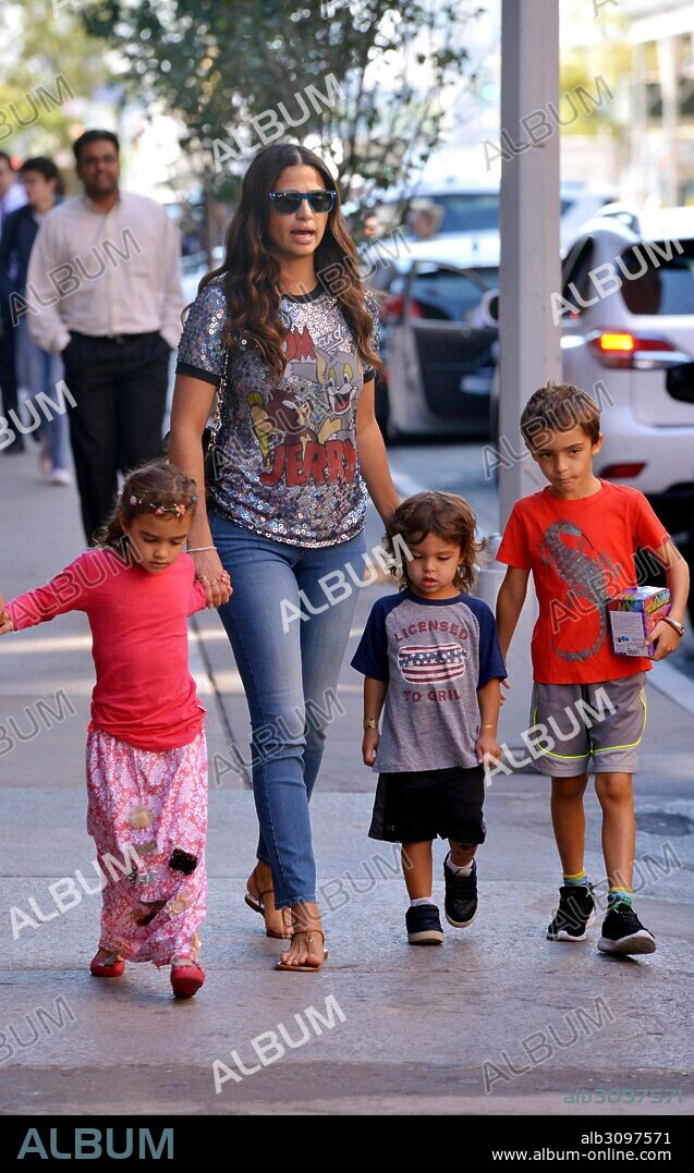 CAMILLA ALVES and LEVI MCCONAUGHEY. Oct. 7, 2015 - New York City, NY, USA - Model Camila Alves wears a Tom and Jerry Tee shirt as she walks in Tribeca with her children Levi Alves McConaughey, Vida Alves McConaughey and Livingston Alves McConaughey on October 7 2015 in New York City. 07/10/2015