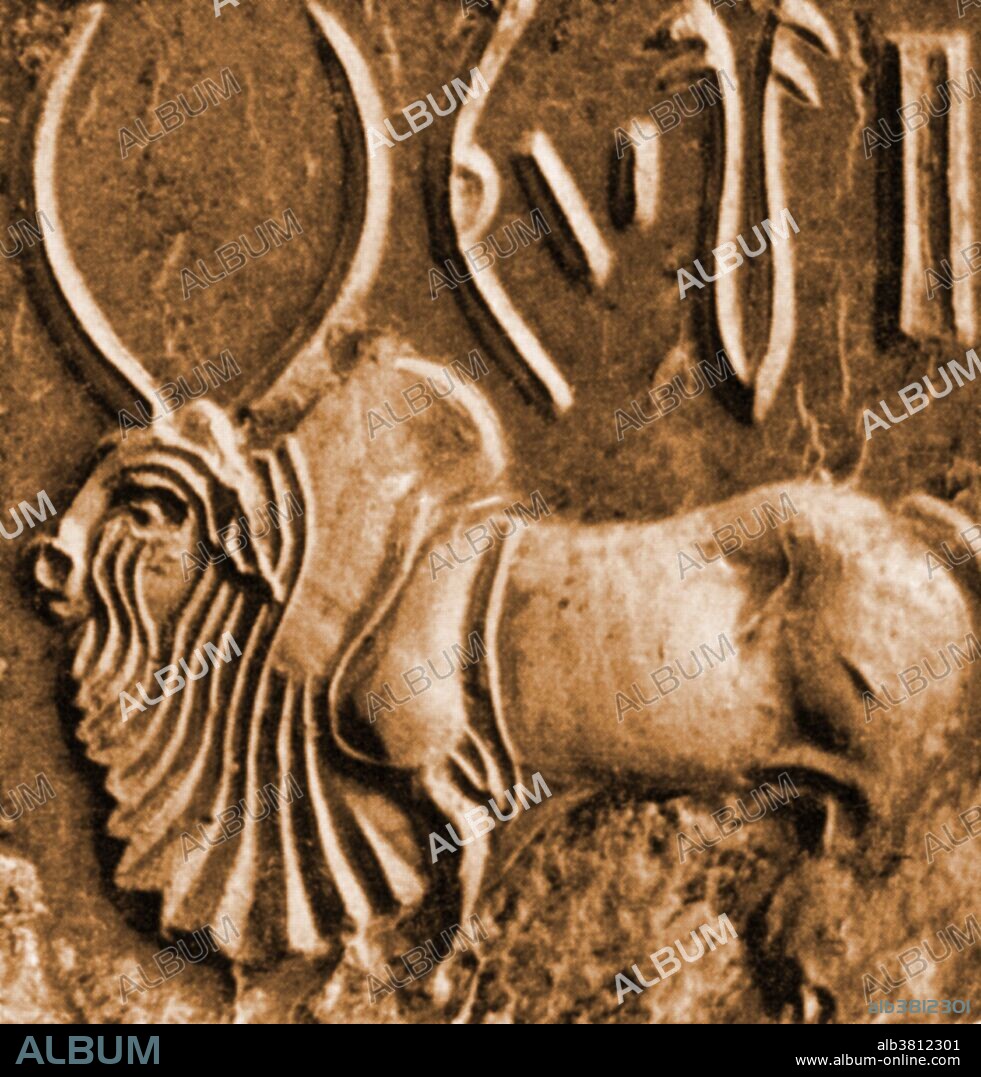 A carved seal featuring a Brahman bull. The same species is held sacred by Hindus. This seal was found in Mohenjo-Daro (Mound of the Dead) one of the largest city-settlements in the Indus Valley, now located in the province of Sind, Pakistan. The city was built around 2600 BCE and abandoned around 1900 BCE.