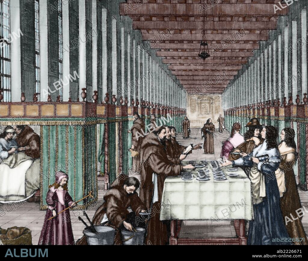 ABRAHAM BOSSE. HISTORIA DE LA MEDICINA. EPOCA MODERNA. "VISITA AL HOSPITAL DE LA CARIDAD". Grabado coloreado del siglo XVII.