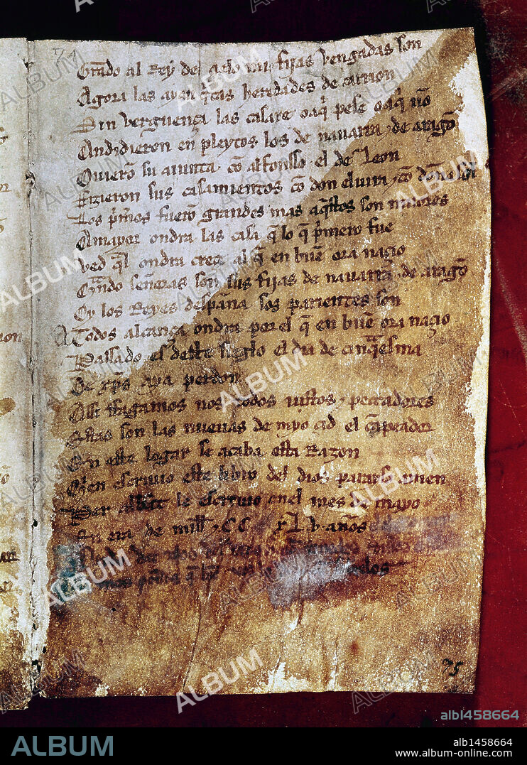 LITERATURA CASTELLANA. "CANTAR DEL MIO CID". Manuscrito del s. XIV. Ultimo folio con el nombre de PER ABBAT, año 1307. Biblioteca Nacional. Madrid. España.