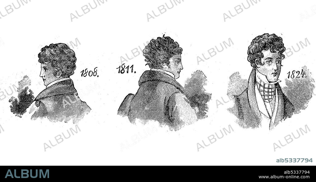 Männermode im 19. Jahrhundert, Frisuren um 1808. 1811, 1824, Historisch, historical, digital improved reproduction of an original from the 19th century / digitale Reproduktion einer Originalvorlage aus dem 19. Jahrhundert.
