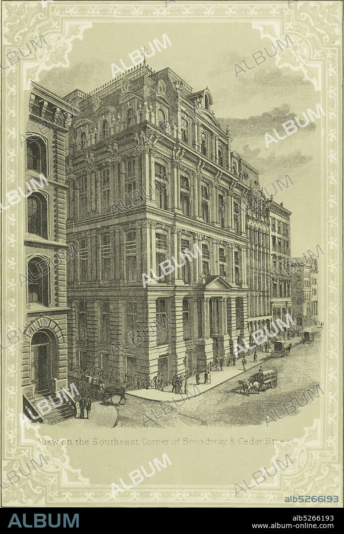View on the southeast corner of Broadway & Cedar Street, still image, Prints, 1828 - 1890.