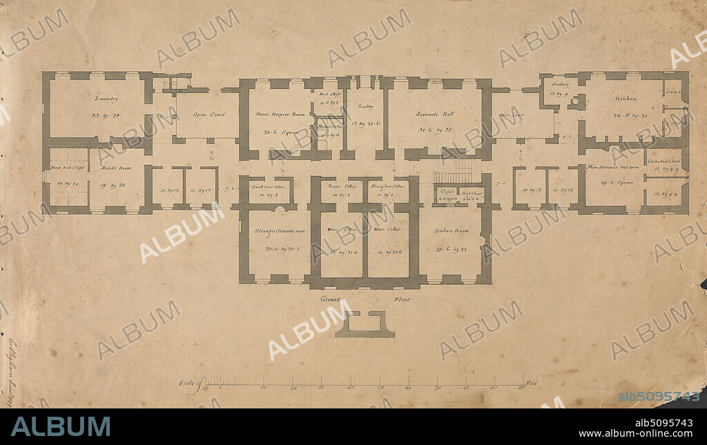 Design for Ardgowan House, Scotland: Ground Floor Plan, Claud Cleghorn, active 17971800, 1797, Gray wash with pen and black and brown ink on smooth, moderately thick, beige wove paper bar scale of 1/12 inch to 1 foot, Sheet: 11 1/4 × 18 9/16 inches (28.6 × 47.1 cm), architectural subject, design, floor plan, house, Europe, Scotland, United Kingdom.