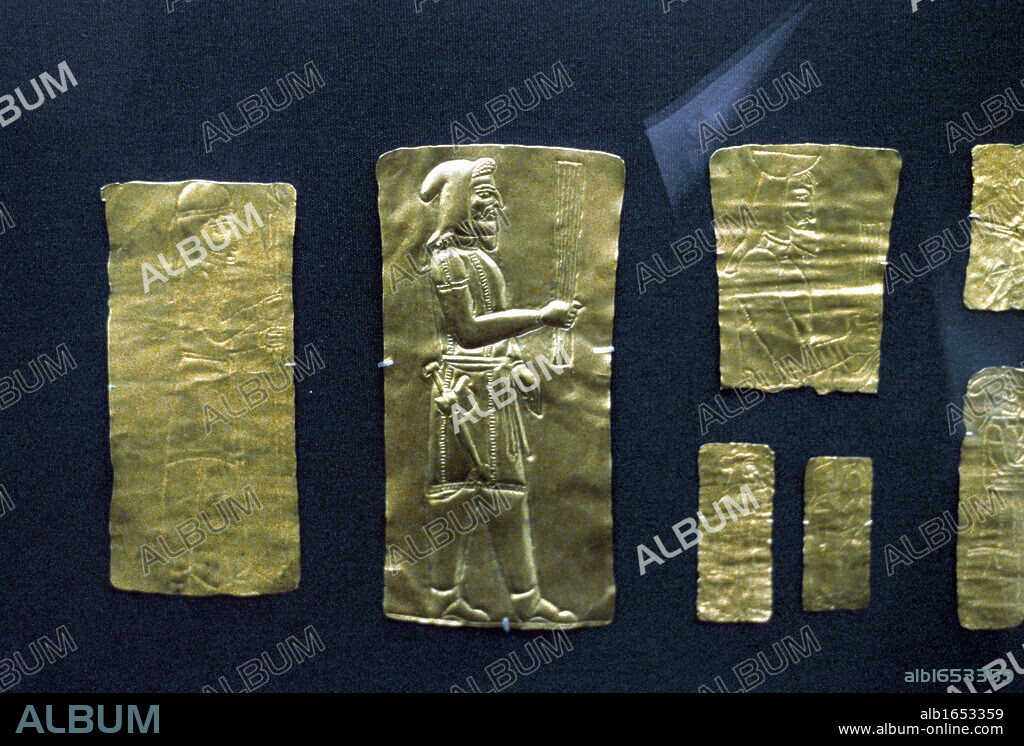Oxus Treasure: Gold Achaemenid Persian metalwork 5th-4th centuries BC discovered on banks of Oxus River (Amu Darya) in Katanga province of Afghanistan, once part of Bactria.male figure in profile. Colour.