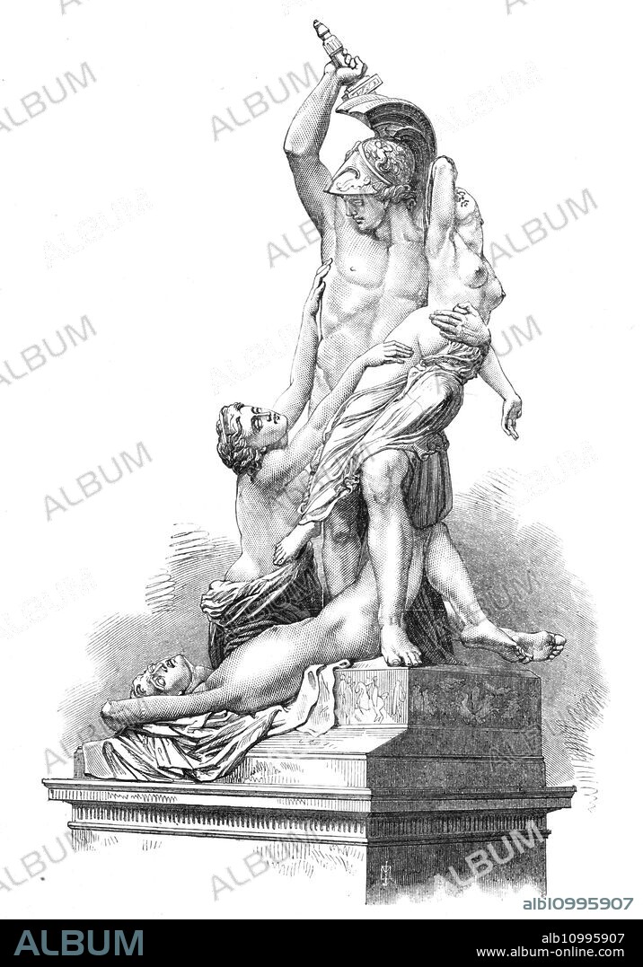 The Rape Of Polyxena, by Professor Pio Fedi, in the Loggia at Florence, 1868. 'The subject is taken from the accounts by Virgil in the AEneid, and Euripides in his "Hecuba;" but the sculptor, for greater effect, has combined several tragic events, which are scattered in various parts of the poem and drama, supposing as simultaneous the occurrences which happened at intervals. To avenge the treacherous slaughter of Achilles, which was planned by Hecuba, Pyrrhus having already slain Priam and Polites, afterwards sacrificed Polyxena to appease the wrathful shade of the murdered warrior. The group of Fedi, however, represents Pyrrhus tearing Polyxena from the arms of Hecuba, whilst the lifeless form of the young Polites is stretched at his feet. The maternal anguish of Hecuba, the supplicating terror of the young maiden, the fierce exultation of the warrior, and the convulsive agonies of a violent death, are all rendered in a masterly manner, whilst the contrasts of age and forms between the mature womanhood of Hecuba and the girlish grace of Polyxena's figure - between the nervous vigour of manhood in Pyrrhus and the delicate, boyish beauty of Polites are admirably managed'. From "Illustrated London News", 1868.