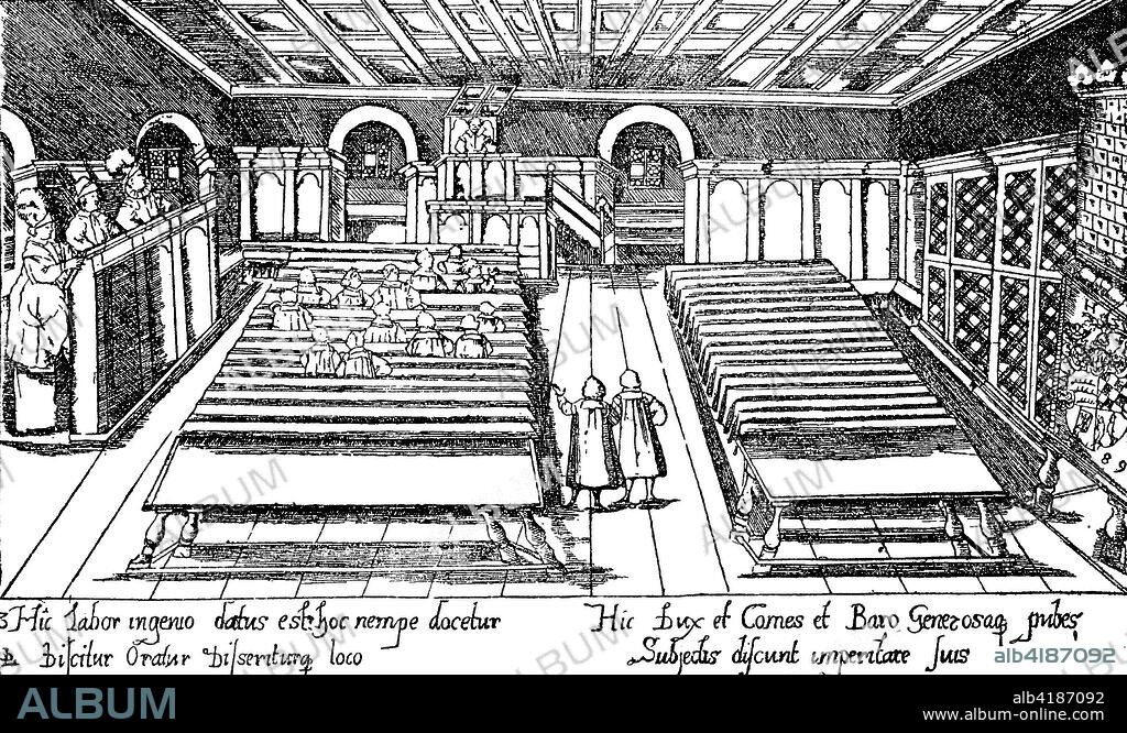 Disputation im Collegium illustre zu Tuebingen 1589, Deutschland, digital improved reproduction of a woodcut, published in the 19th century.