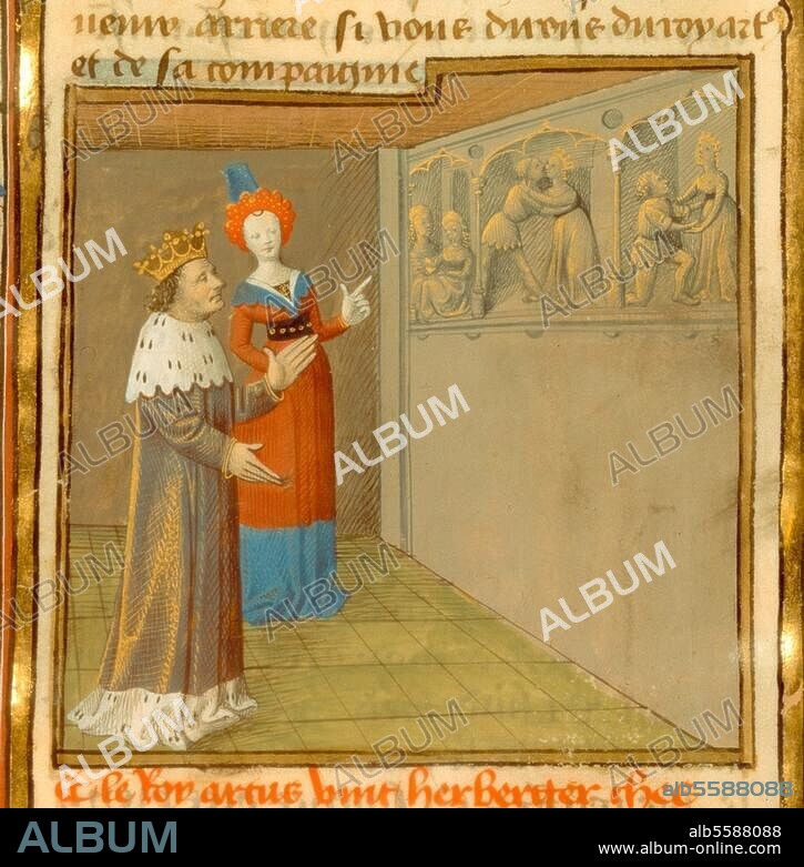 ANONYMOUS. Literature / Legends and Myths. Lancelot. The fairy Morgan shows King Arthur the infidelity of his wife Guinevere with Lancelot. French illumination, 15th century. From: Le livre de Lancelot du lac (..). Ms. francais 116, fol. 688 v, Paris, Bibliothèque Nationale.
