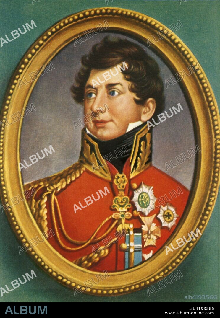 'Georg IV', (1933). Portrait of George IV (1762-1830), King of the United Kingdom of Great Britain and Ireland. George Augustus Frederick ruled as Prince Regent from 1811 until his father George III died in 1820, then reigned as king in his own right as George IV until 1830. After a miniature by Henry Bone. From "Gestalten Der Weltgeschichte", a book of cigarette-card portrait miniatures of figures in world history from the last four hundred years. [Germany, 1933].