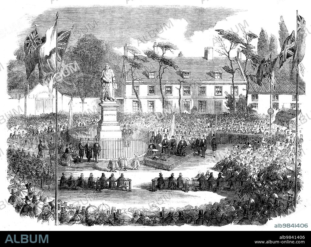 Inauguration of the Statue of Sir Isaac Newton at Grantham, 1858. 'The statue of the great mathematician and astronomer, from the hand of W. Theed, Esq...[was erected] at Grantham, Lincolnshire, near which town Newton was born, and in which he received the rudiments of his education...[It] was inaugurated...with great ceremony, and in the midst of a vast concourse of persons, including many men of science from all parts of the country...the covering, which till now hid the statue from view, was withdrawn, and a chorus of cheers burst from the assemblage. The noble statue stood out in the bright sunshine in all its elegant proportions, and its character and expression were the theme of general admiration. When the cheering attendant upon the withdrawal of the covering from the statue had subsided, Lord Brougham delivered a magnificent oration...The Mayor then presented to the noble Chairman, on behalf of the subscribers, a beautifully-bound copy of Newton's "Principia"...'. From "Illustrated London News", 1858.