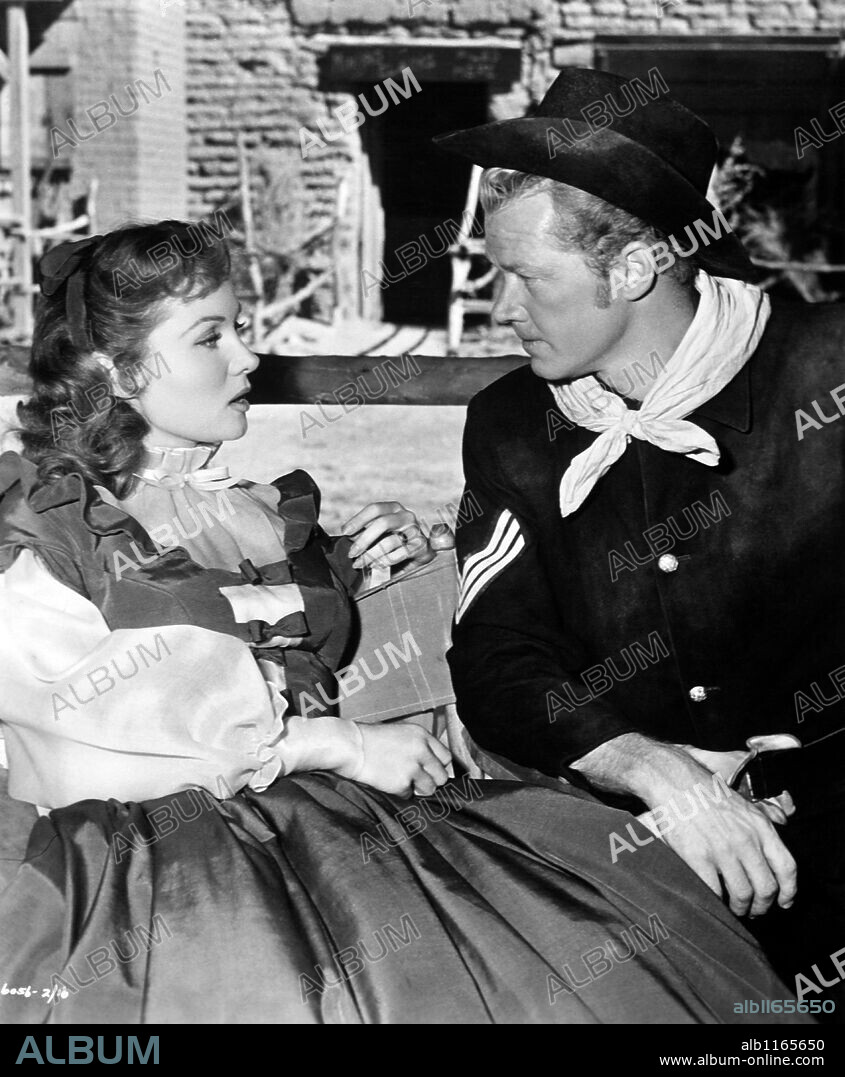 BILL WILLIAMS y RHONDA FLEMING en EL ÚLTIMO DESTACAMENTO, 1951 (THE LAST OUTPOST), dirigida por LEWIS R. FOSTER. Copyright PARAMOUNT PICTURES.