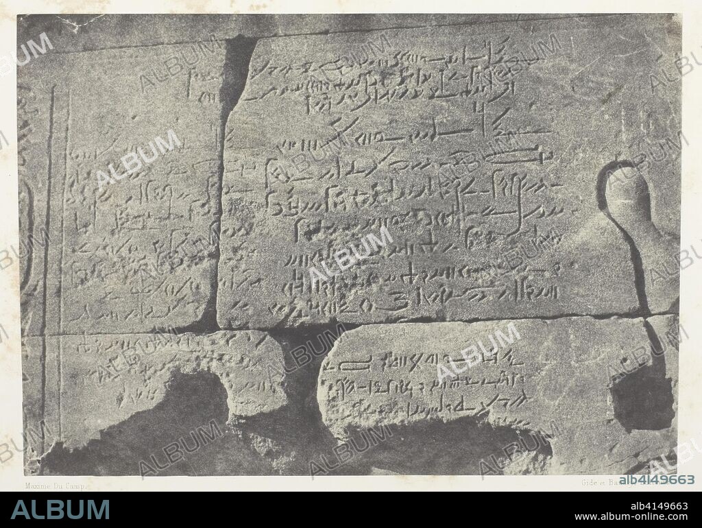 Inscription Démotique, Grand Temple d'Isis à Philoe; Nubie. Maxime Du Camp; French, 1822-1894. Date: 1849-1851. Dimensions: 16.1 × 23 cm (image/paper); 29.8 × 43 cm (album page). Salted paper print, plate 77 from the album "Egypte, Nubie, Palestine et Syrie" (1852). Origin: France.