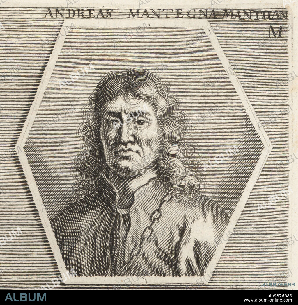 Andrea Mantegna, Italian painter, student of Roman archeology, son-in-law of Jacopo Bellini, c.1431-1506. Andreas Mantegna Mantua. Copperplate engraving after an illustration by Joachim von Sandrart from his LAcademia Todesca, della Architectura, Scultura & Pittura, oder Teutsche Academie, der Edlen Bau- Bild- und Mahlerey-Kunste, German Academy of Architecture, Sculpture and Painting, Jacob von Sandrart, Nuremberg, 1675.