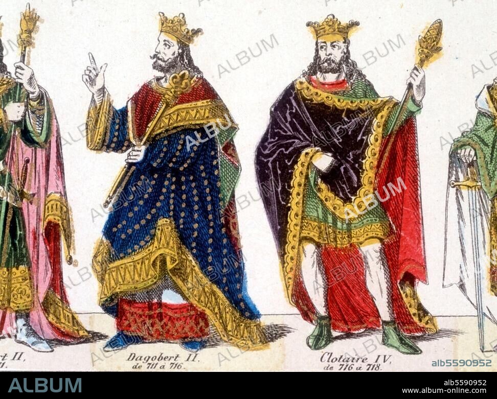 Chlothar IV., Frankenkönig aus dem Haus der Merowinger (717 von Karl Martell als König von Austrien gegen Chilperich II. aufgestellt); gest. 719. "Clotaire IV., de 716 à 718." / "Dagobert II. (sic!), de 711 à 716." (Chlothar IV. und Dagobert III.). Holzstich, koloriert, um 1850; Bilderbogen (Gangel), Det.; Privatslg. Frankreich.