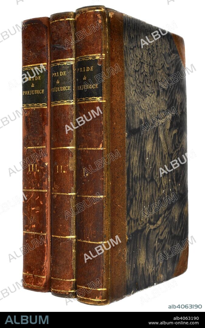 Spine and cover of 'Pride and prejudice', the novel by Jane Austen. Pride and prejudice : a novel ... London : T. Egerton, 1813. Not the original bindings. The British Library shelfmark labels have been digitally edited from this photograph. Source: C.131.c.1. Spine and cover. Language: English.