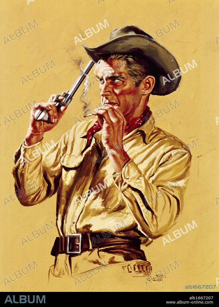 Cowboy smoking a cigarette and holding a handgun.