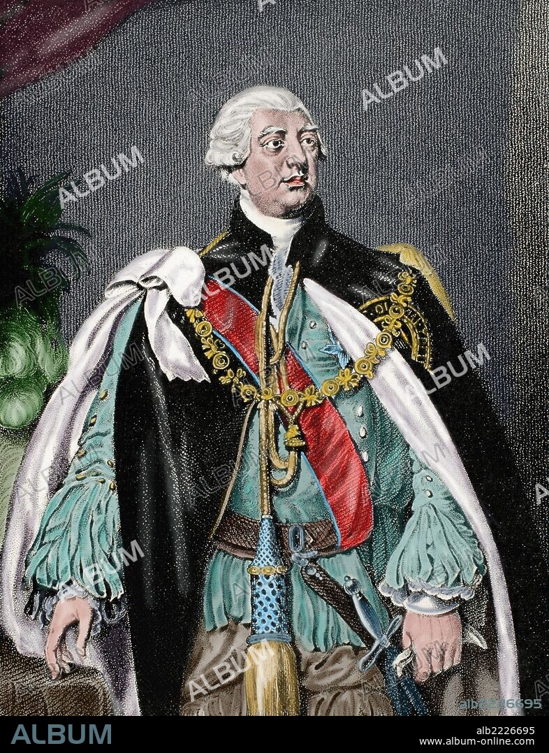 THOMAS LAWRENCE (basado en). JORGE III (Londres,1738-Windsor,1820). Rey de Gran Bretaña e Irlanda (1760-1820), elector (1760-1814) y rey de Hannover (1814-1820), nieto y sucesor de Jorge II. Grabado coloreado.