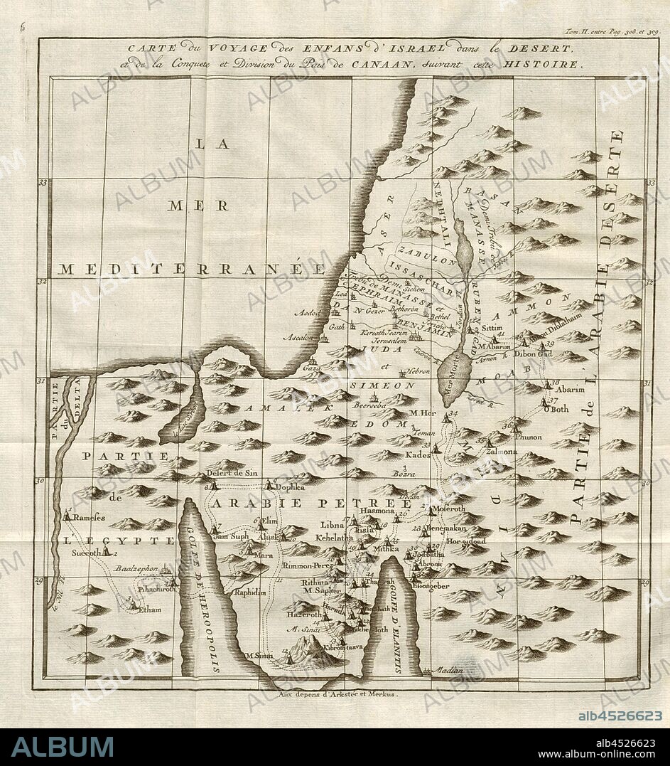Map of the Israel Child's Journey in the Desert and the Conquest and Division of the Canaan Pais, following this History, Itinerary of the Israelites through the desert and Canaan, Taf. 6, after p. 308, Histoire universelle depuis le commencement du monde jusqu'à présent, traduite de l'anglois. Bd. 1. Amsterdam, Leipzig: chez Arkstée et Merkus, MDCCLXX.
