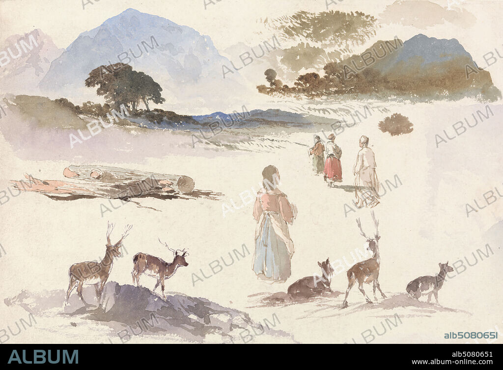 Sheet of Studies of Deer, Figures and Landscape, Aaron Edwin Penley, 18071870, British, undated, Watercolor with pen and brown ink on medium, moderately textured, cream wove paper, Sheet: 7 3/16 × 10 3/8 inches (18.3 × 26.4 cm), animal art, antlers, branch, deer, dresses, genre subject, people, trees, women.