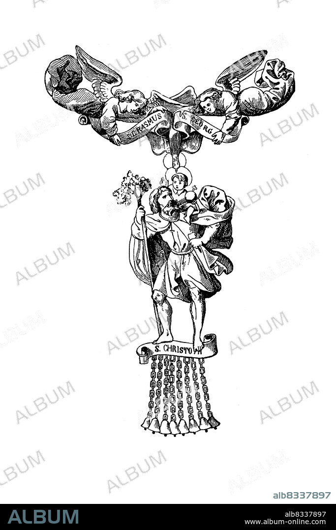 Symbol des Christophsorden, Christophorus als M§rtyrer und Heiliger verehrt, er z§hlt zu den vierzehn Nothelfern und ist heute besonders bekannt als Schutzheiliger der Reisenden / Symbol of the Order of St. Christopher, St. Christopher is venerated as a martyr and saint, he is one of the fourteen emergency helpers and today is especially known as the patron saint of travelers, Historisch, historical, digital improved reproduction of an original from the 19th century / digital restaurierte Reproduktion einer Originalvorlage aus dem 19. Jahrhundert, genaues Originaldatum nicht bekannt.