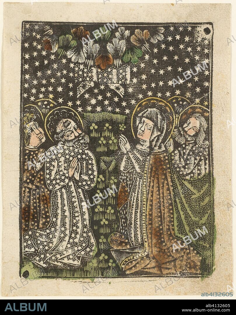 UNKNOWN ARTIST. The Ascension. Artist Unknown; Bavarian, 15th century. Date: 1460-1465. Dimensions: 100 × 75 mm (plate); 105 × 80 mm (sheet). Metalcut in black hand colored with brush and watercolor in yellow, red-brown lake, and green, on ivory laid paper, with manuscript text in pen and brown ink on verso. Origin: Germany.