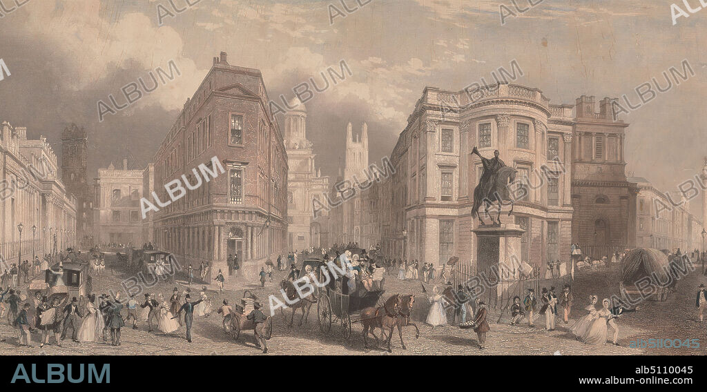 The Bank of England and Royal Exchange, Cornhill, Henry Wallis, 18301916, British, after James Henry Nixon, c.18081847, 1840, Hand colored engraving on smooth, moderately thick, beige wove paper, Sheet: 7 5/8 × 15 1/8 inches (19.4 × 38.4 cm), architectural subject.