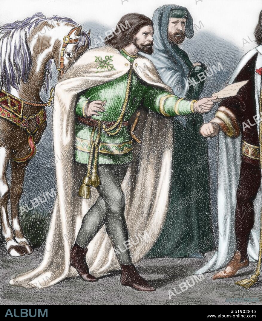 Military Orders. 12th century. Order of Alcantara or the Knights of St. Julian. 19th Century Engraving. Colored.