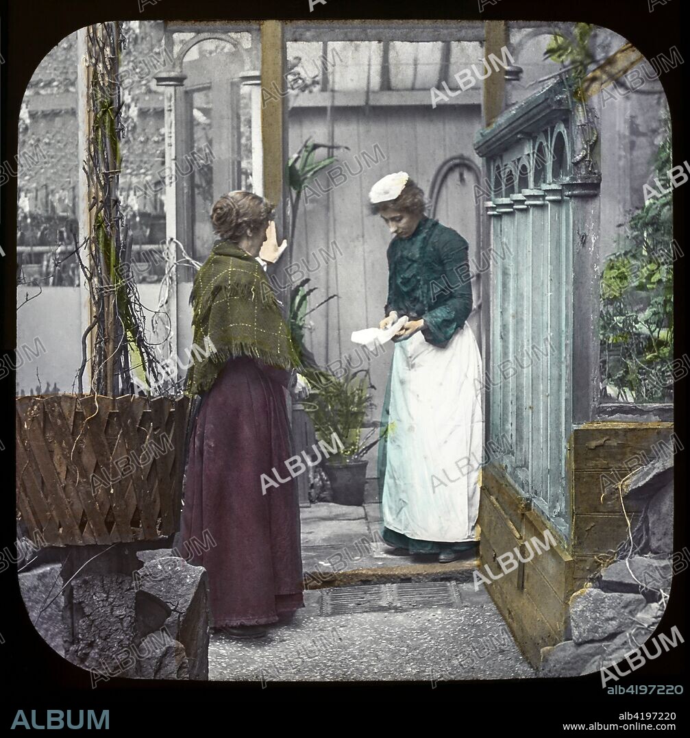 Magic lantern slide circa 1900.Victorian/Edwardian.Social History. Mrs Isabel Reaney story of Willie Wills Wings and slide show a christian story . Life model painted background. Slide 14 She herself delivered the comb, telling her own story. Mother delivers a comb to the house.