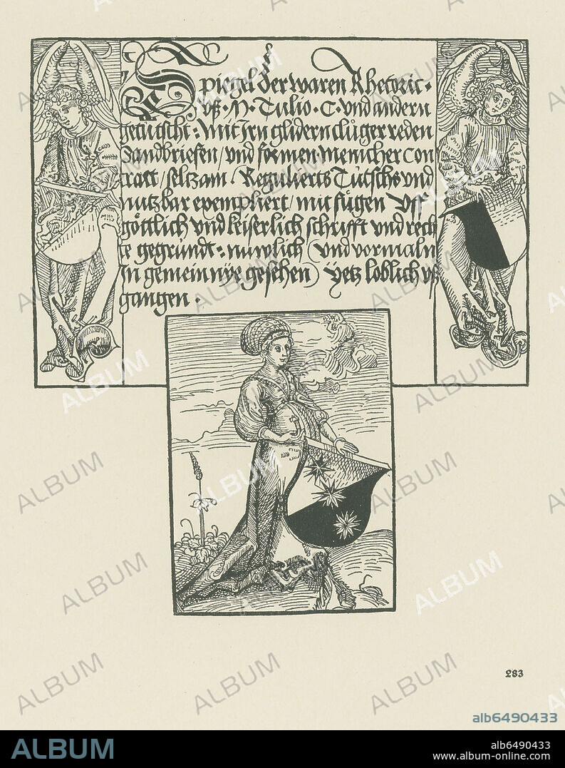 ALBRECHT DüRER. Young woman holding coat of arms (publisher's sign of Friedrich Riederer). Title page to The Mirror of the True Rhetoric (Marcus Tullius Cicero and others: Spiegel der waren Rhetoric). Printed by Friedrich Riederer, Freiburg im Breisgau, 11 December 1493. Woodcut (most probably made from two blocks), 215 x 182mm.