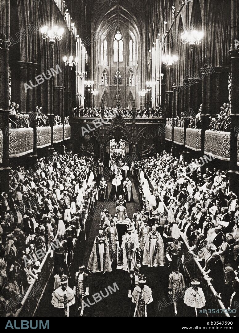 The coronation procession of George VI, 12 May 1937, in Westminster Abbey, London, England. George VI, 1895 – 1952. King of the United Kingdom. From The Coronation of King George VI and Queen Elizabeth, published 1937.