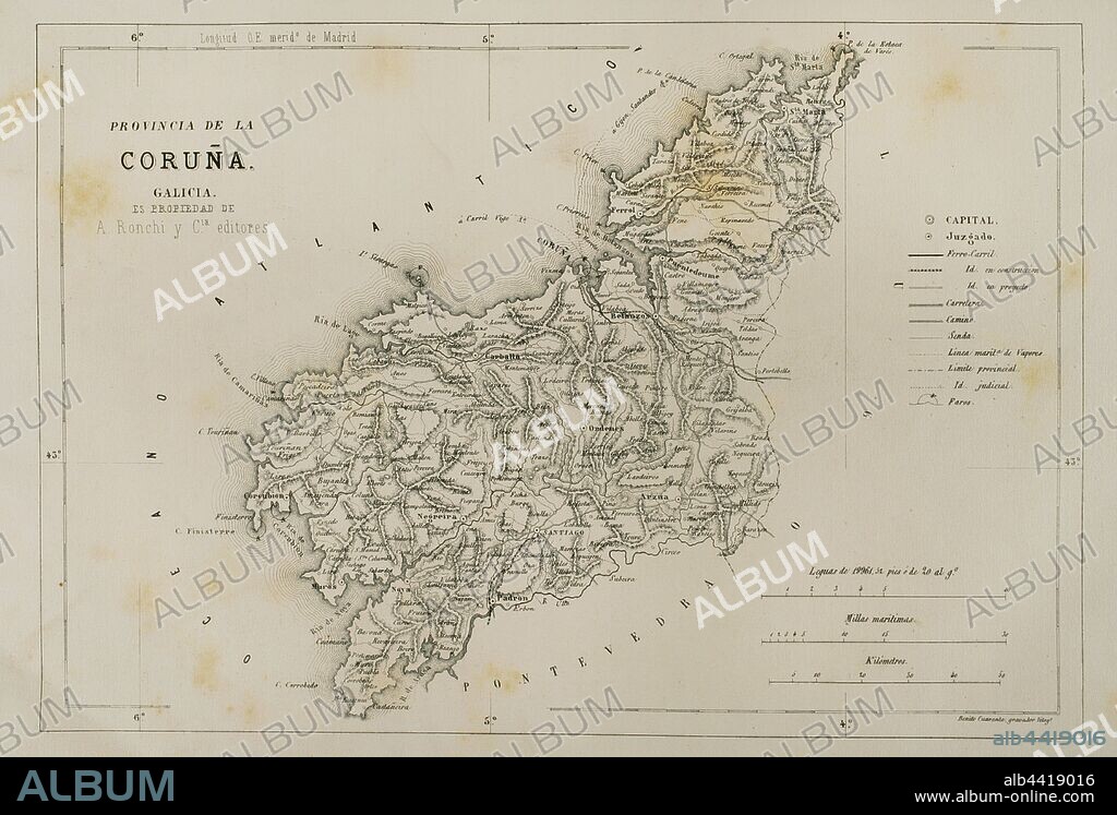 España. Galicia. Mapa de la provincia de La Coruña. Crónica General de España, Historia Ilustrada y Descriptiva de sus Provincias. Galicia,1866. Biblioteca Histórico Militar de Barcelona, Cataluña, España.