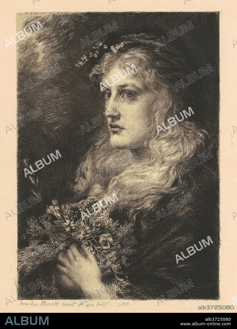 ANNA LEA MERRITT. Ophelia. Dated: 1880. Dimensions: image: 20.48 × 14.45 cm (8 1/16 × 5 11/16 in.)  plate: 22.54 × 17.46 cm (8 7/8 × 6 7/8 in.)  sheet: 40.48 × 27.78 cm (15 15/16 × 10 15/16 in.). Medium: etching and aquatint in black on laid paper.